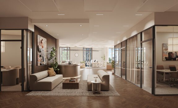 Kontor med beige møbler