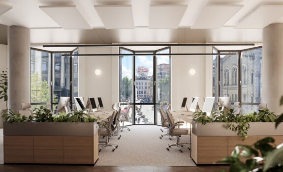 Kontorlandskap med beige møbler